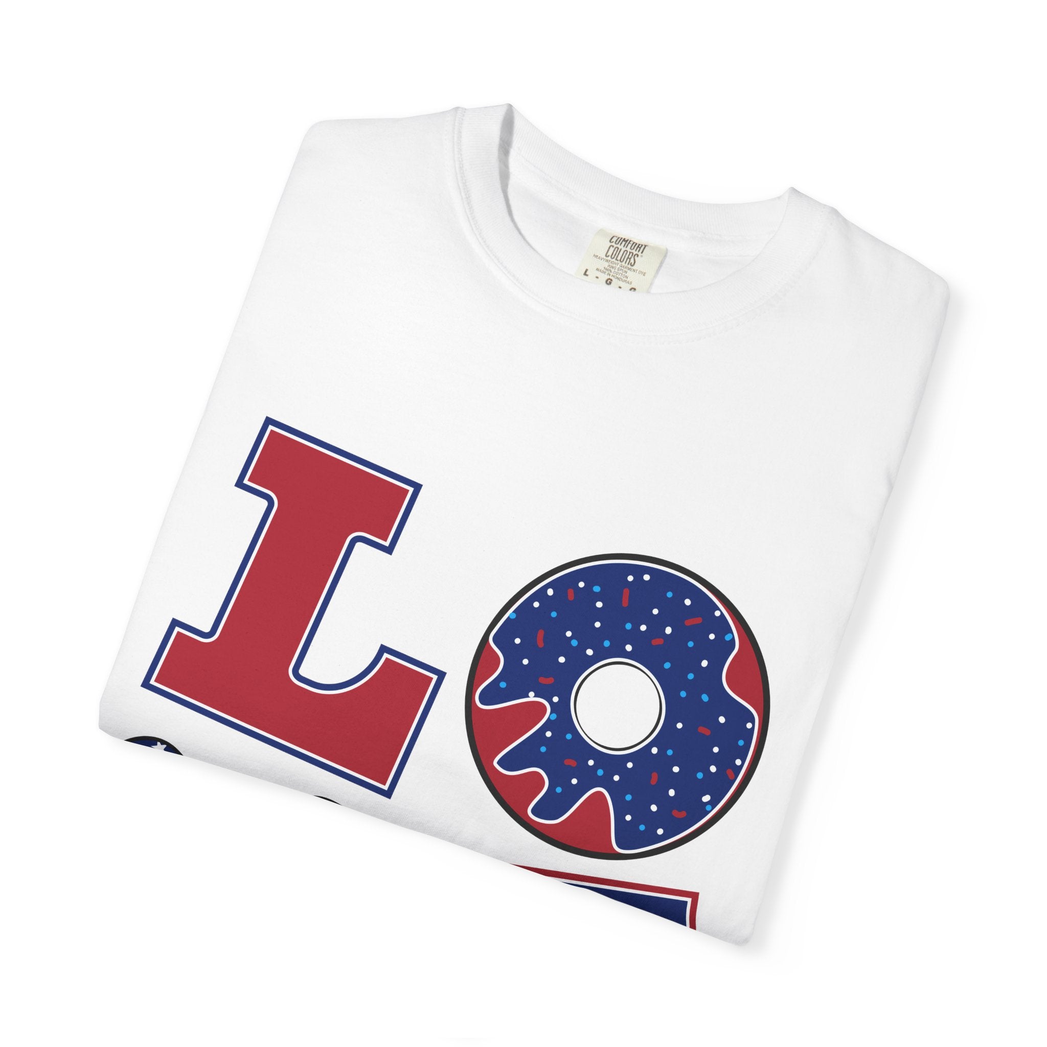 Patriotic "LOVE" Graphic T-Shirt — American Flag Donut & Flip-Flop Design