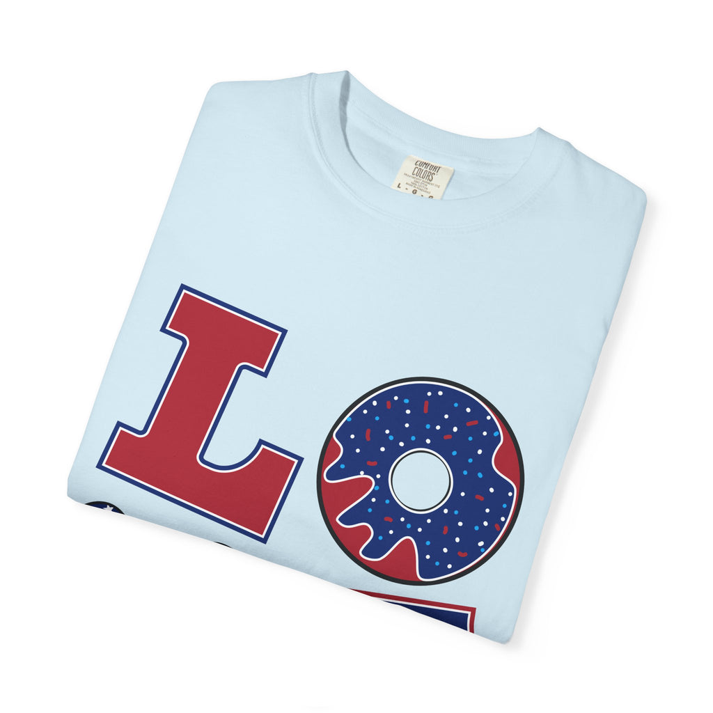 Patriotic "LOVE" Graphic T-Shirt — American Flag Donut & Flip-Flop Design