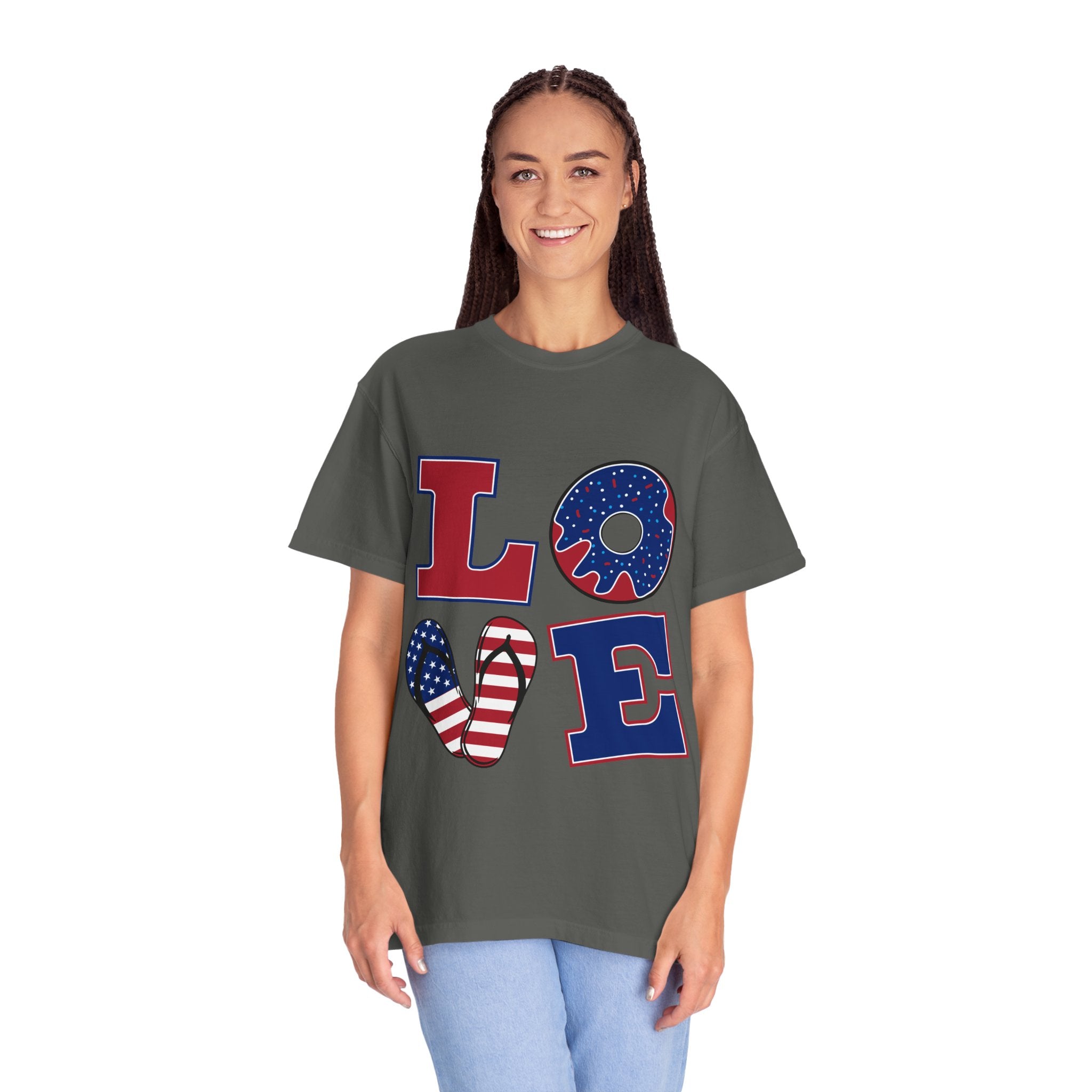 Patriotic "LOVE" Graphic T-Shirt — American Flag Donut & Flip-Flop Design