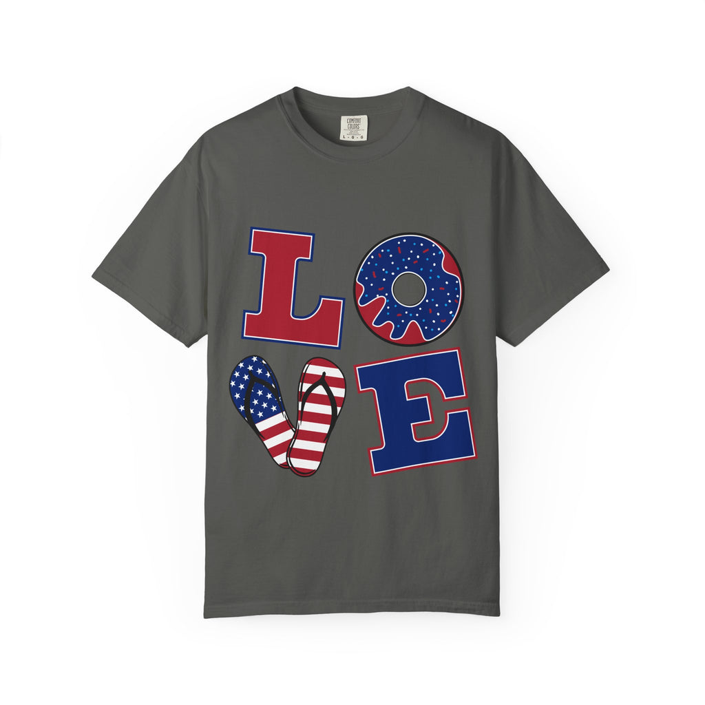 Patriotic "LOVE" Graphic T-Shirt — American Flag Donut & Flip-Flop Design