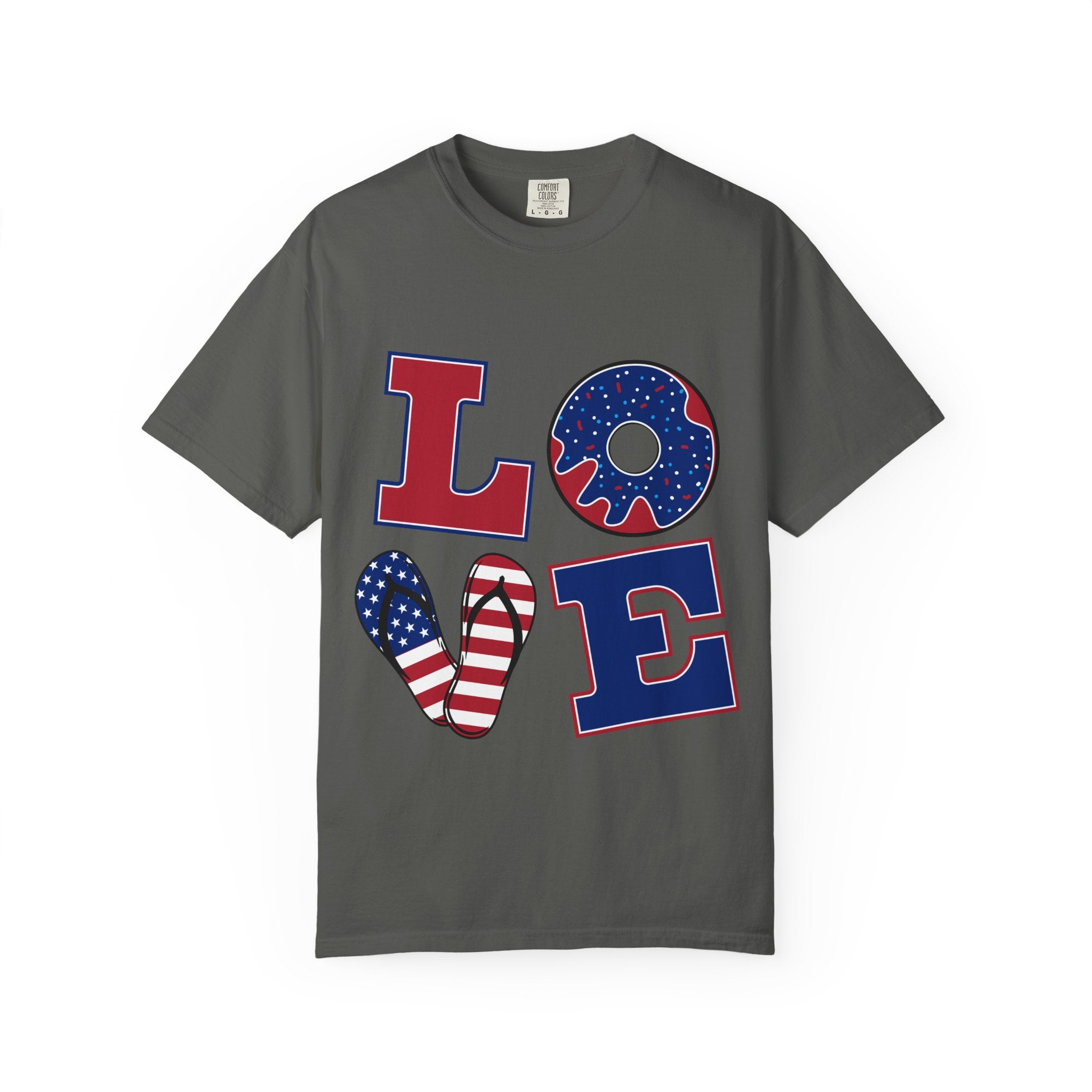 Patriotic "LOVE" Graphic T-Shirt — American Flag Donut & Flip-Flop Design