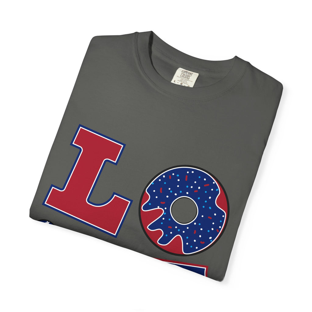 Patriotic "LOVE" Graphic T-Shirt — American Flag Donut & Flip-Flop Design