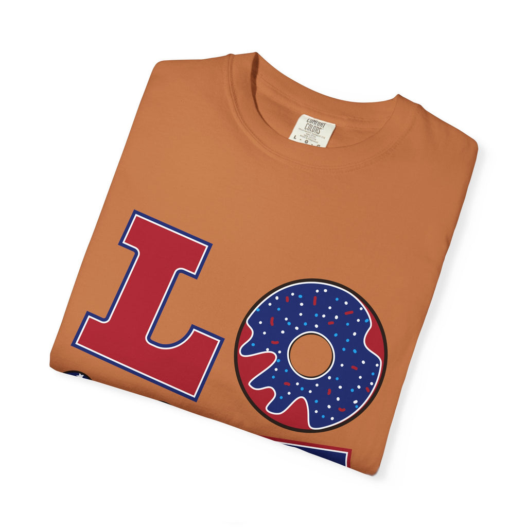 Patriotic "LOVE" Graphic T-Shirt — American Flag Donut & Flip-Flop Design