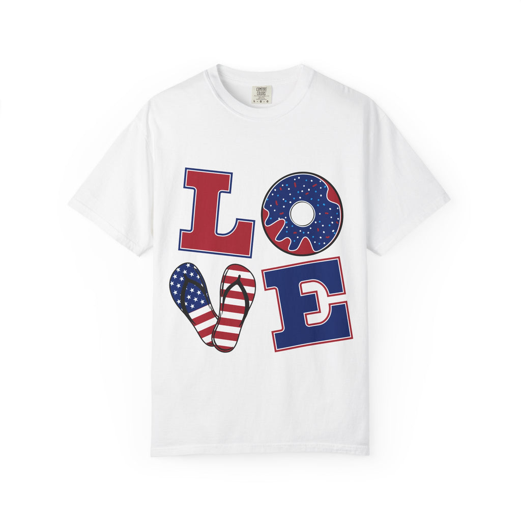 Patriotic "LOVE" Graphic T-Shirt — American Flag Donut & Flip-Flop Design
