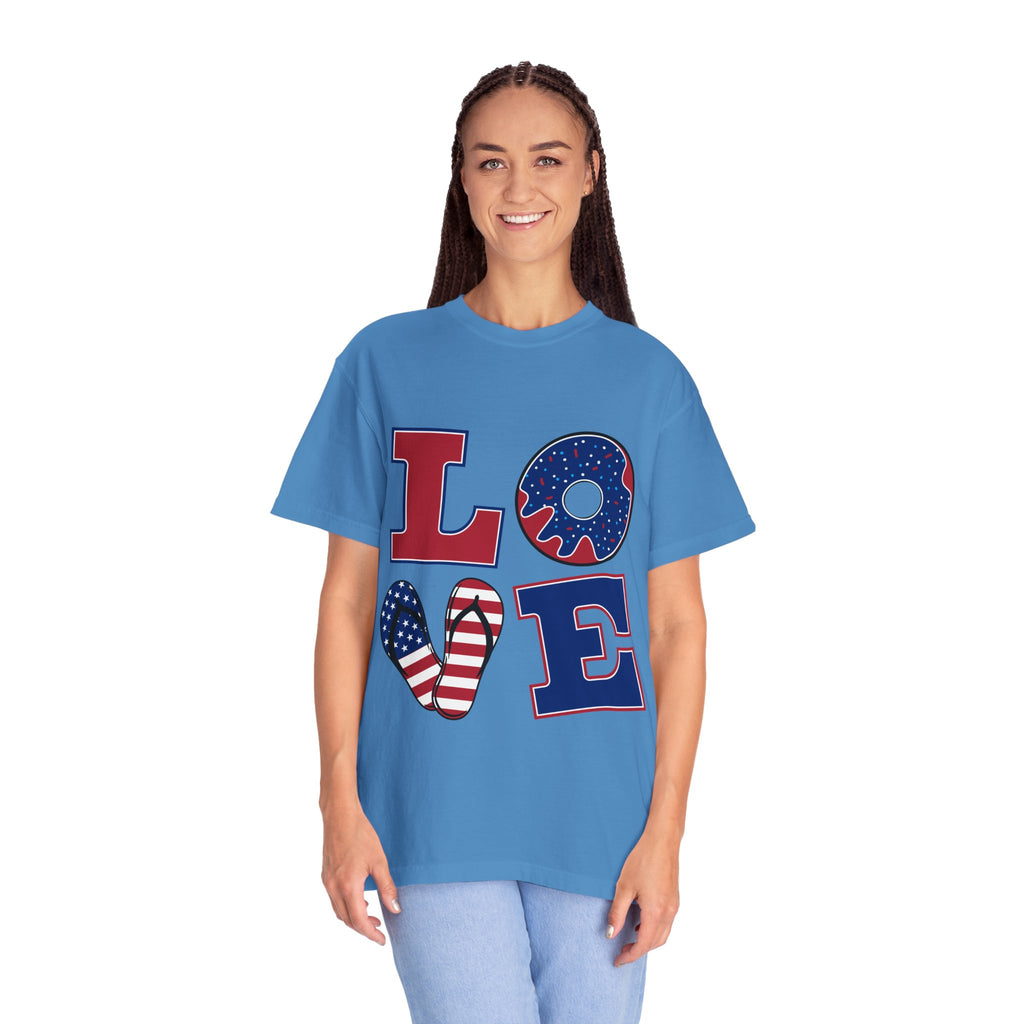Patriotic "LOVE" Graphic T-Shirt — American Flag Donut & Flip-Flop Design