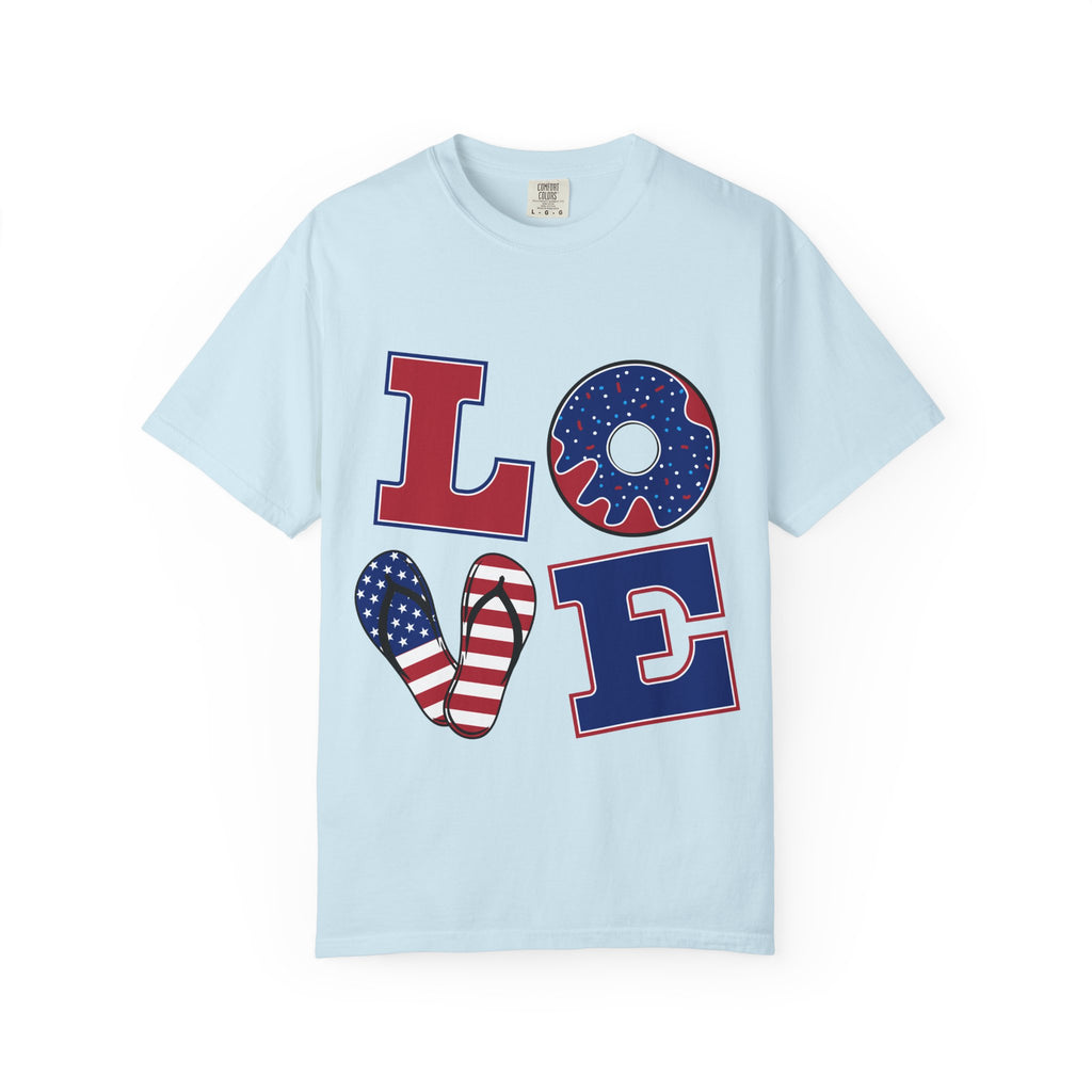 Patriotic "LOVE" Graphic T-Shirt — American Flag Donut & Flip-Flop Design