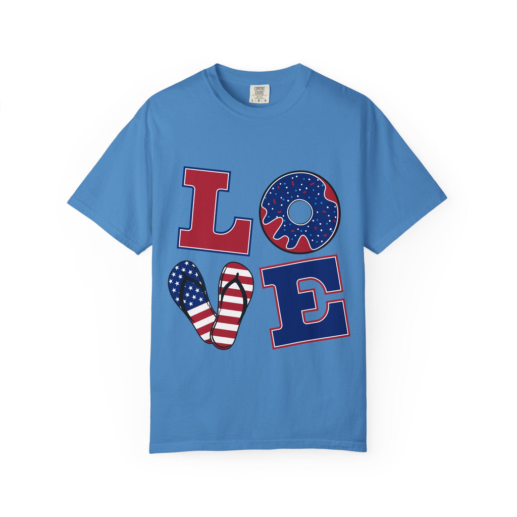 Patriotic "LOVE" Graphic T-Shirt — American Flag Donut & Flip-Flop Design