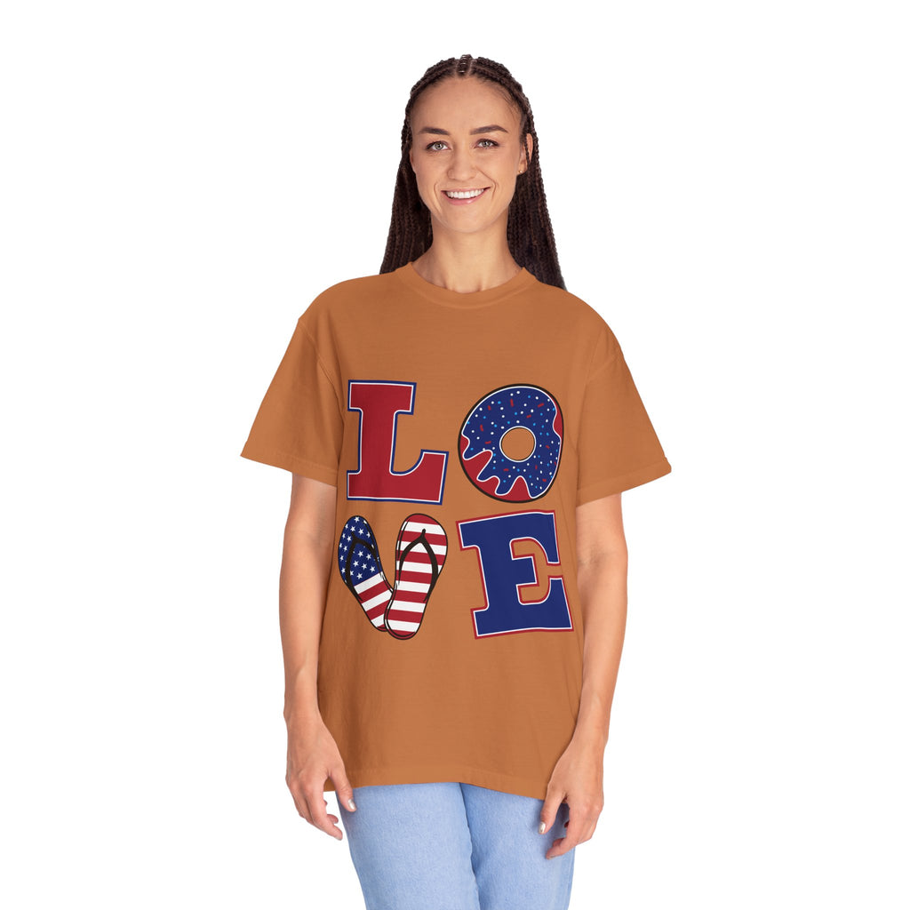 Patriotic "LOVE" Graphic T-Shirt — American Flag Donut & Flip-Flop Design