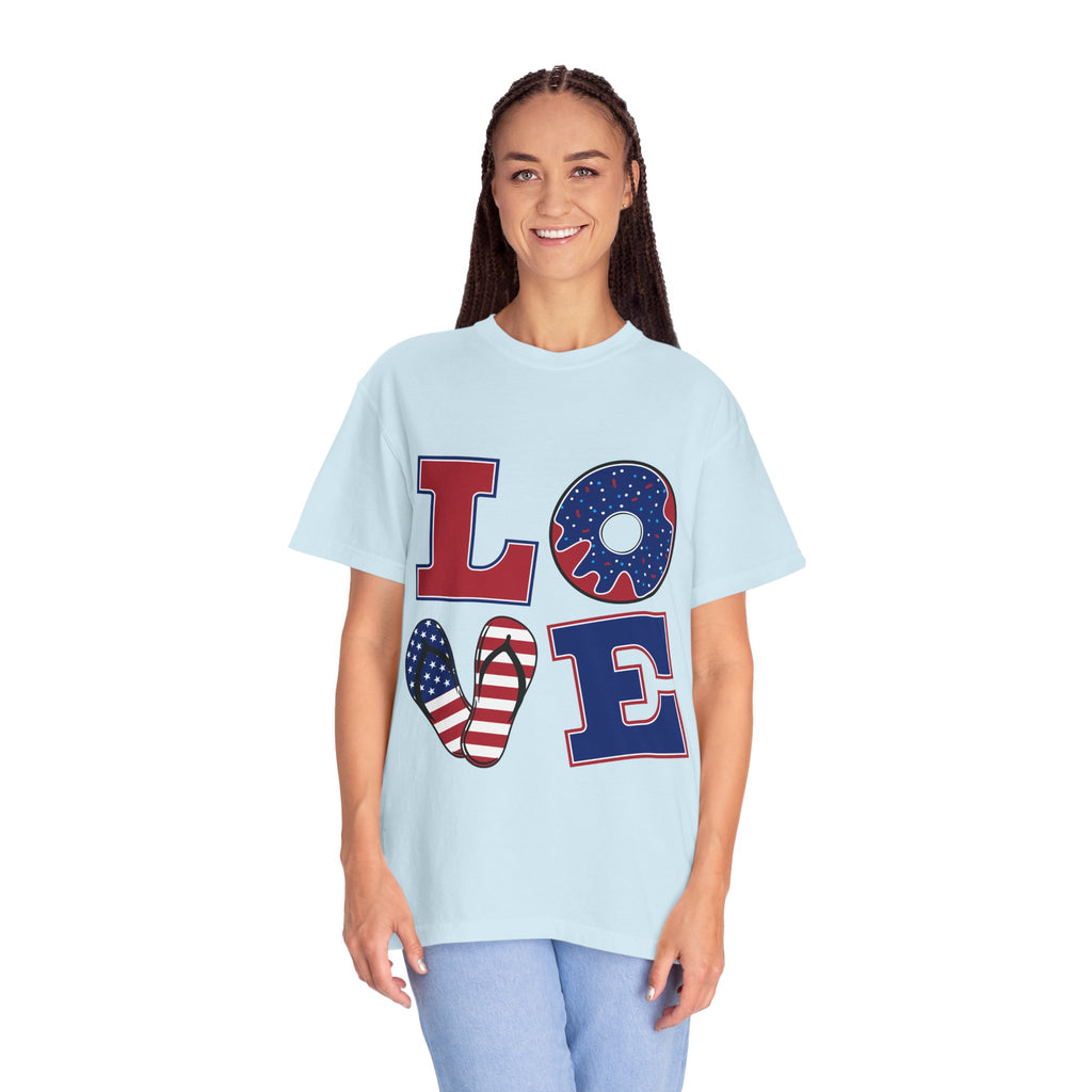 Patriotic "LOVE" Graphic T-Shirt — American Flag Donut & Flip-Flop Design