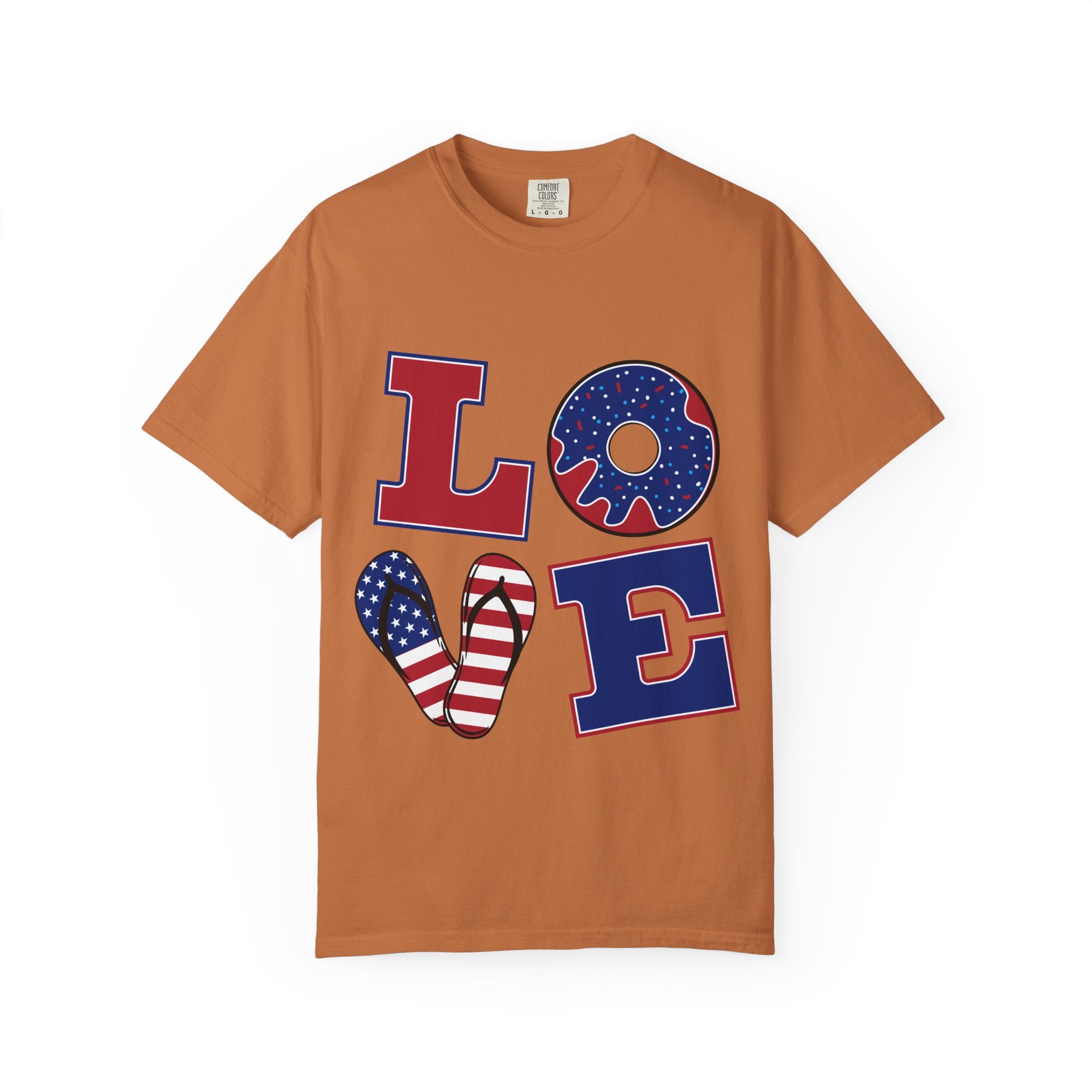 Patriotic "LOVE" Graphic T-Shirt — American Flag Donut & Flip-Flop Design