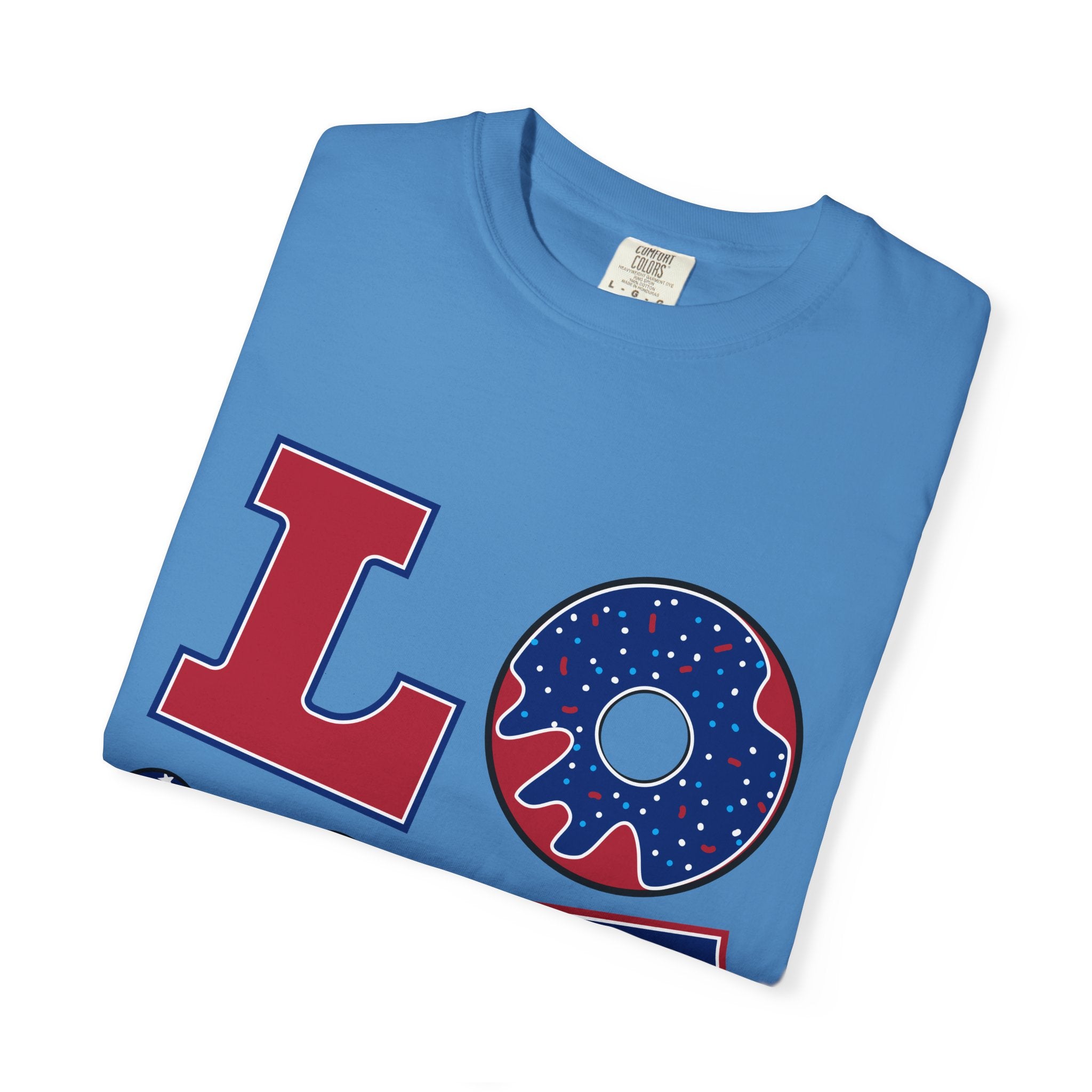 Patriotic "LOVE" Graphic T-Shirt — American Flag Donut & Flip-Flop Design