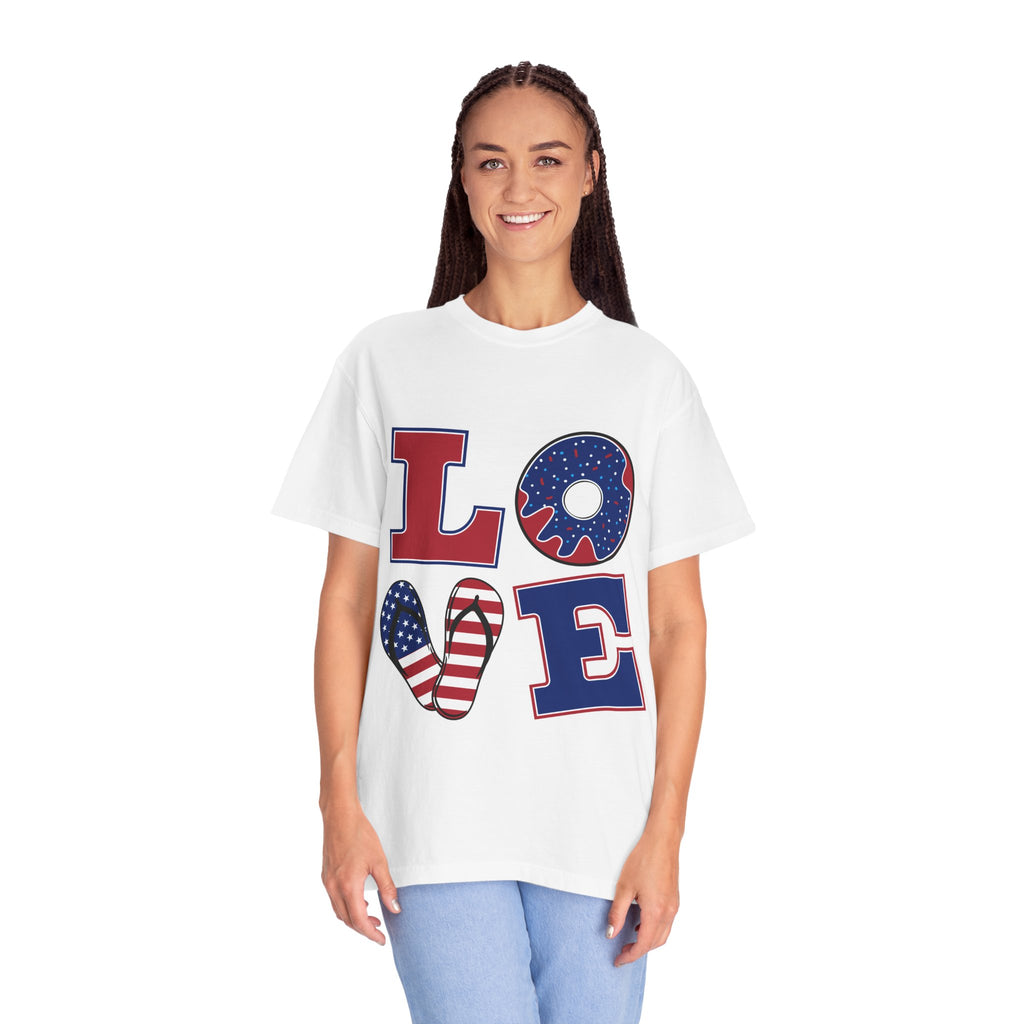 Patriotic "LOVE" Graphic T-Shirt — American Flag Donut & Flip-Flop Design